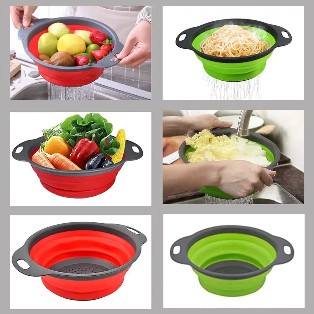 Collapsible Silicone Round Colander – Folding Vegetable & Fruit Washing Drain Basket
