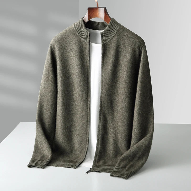 100% Merino Wool Men’s Zip Cardigan – Thick Warm Knitted Sweater with Mock Collar, Long Sleeve Casual Wool Top for Autumn & Winter