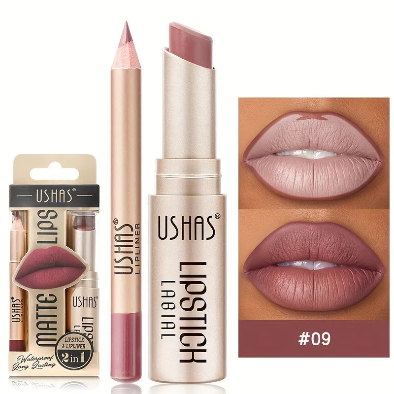 USHAS 12-Color Matte Lipstick & Lip Liner Set – Long-Lasting, Waterproof, Non-Stick Cup Makeup Kit