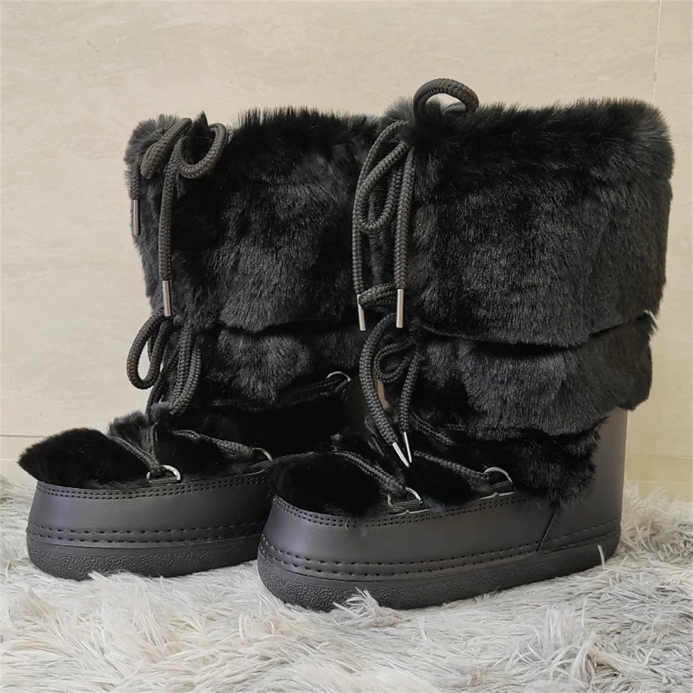Women's Mid-Calf Snow Boots with Faux Rabbit Fur – Waterproof Winter Platform Ski Boots