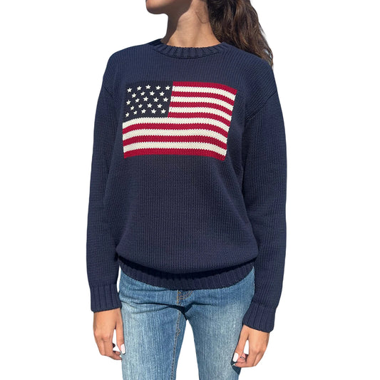 Women's American Flag Knit Sweater – Long Sleeve Crew Neck Loose Fit Pullover for Autumn Winter Casual High Street Style