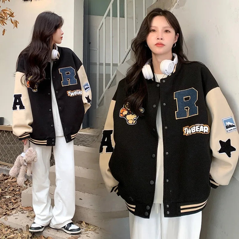 Women's American Retro Padded Baseball Jacket – Autumn/Winter Loose Fit Appliqué Varsity Coat