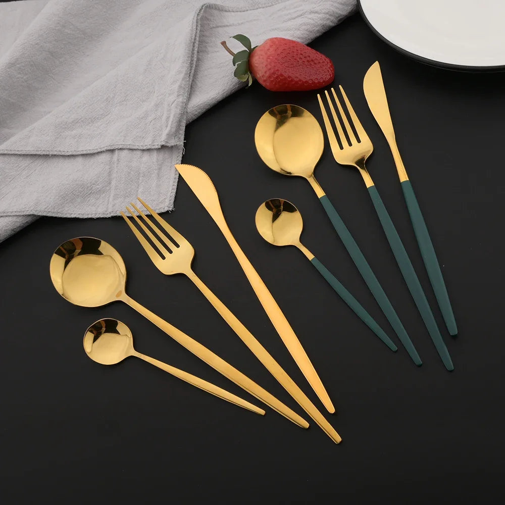 16Pcs Green and Gold Stainless Steel Dinnerware Set – Elegant Flatware Cutlery with Knife, Fork, Spoon, and Teaspoon
