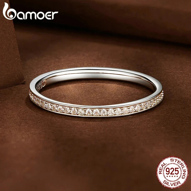 Sterling Silver Moissanite Eternity Wedding Band – Platinum Plated Stackable Ring for Women
