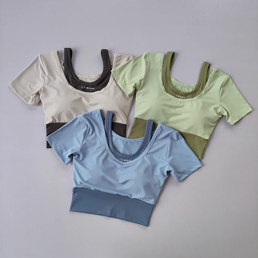 Two-Piece Yoga T-Shirt – Short Sleeve Slim Fit Sports Top with Built-In Bra