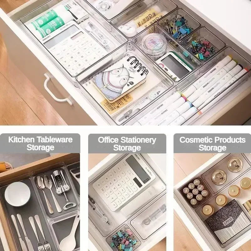 Clear Drawer Organizer Set – 7/14-Piece Plastic Tray Dividers in 4 Sizes for Makeup, Kitchen & Office Storage