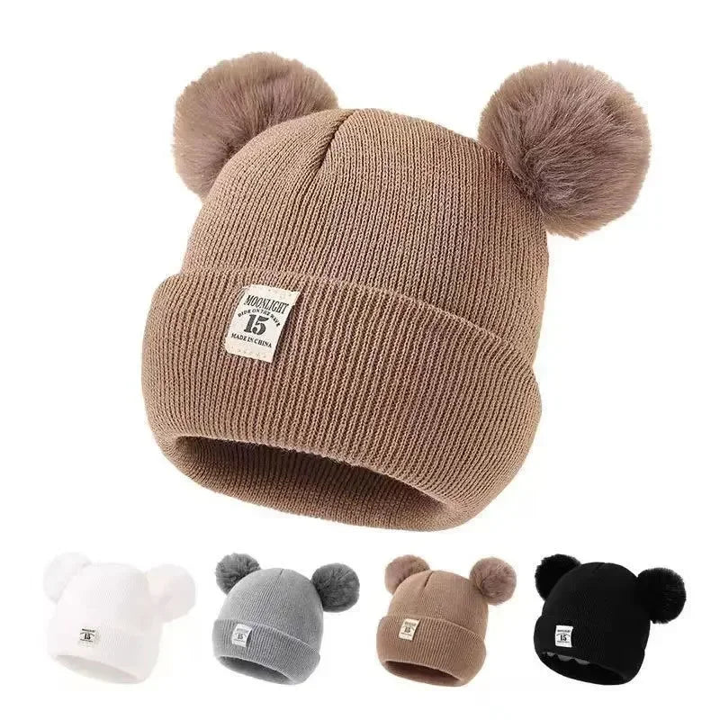 Solid Color Wool Knitted Baby Bonnet with Pompom – Warm Winter Beanie Cap for Newborns and Toddlers (0–3Y)