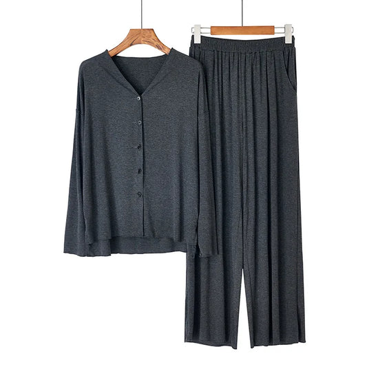 Women's 2-Piece Knit Pajama Set – Long Sleeve V-Neck Cardigan and Pants Loungewear for Winter and Spring Comfort