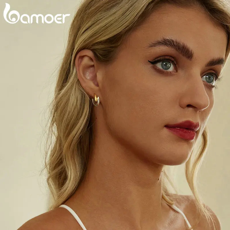Two-Tone 925 Sterling Silver Classic Hoop Earrings – Hypoallergenic Round Ear Buckles for Women