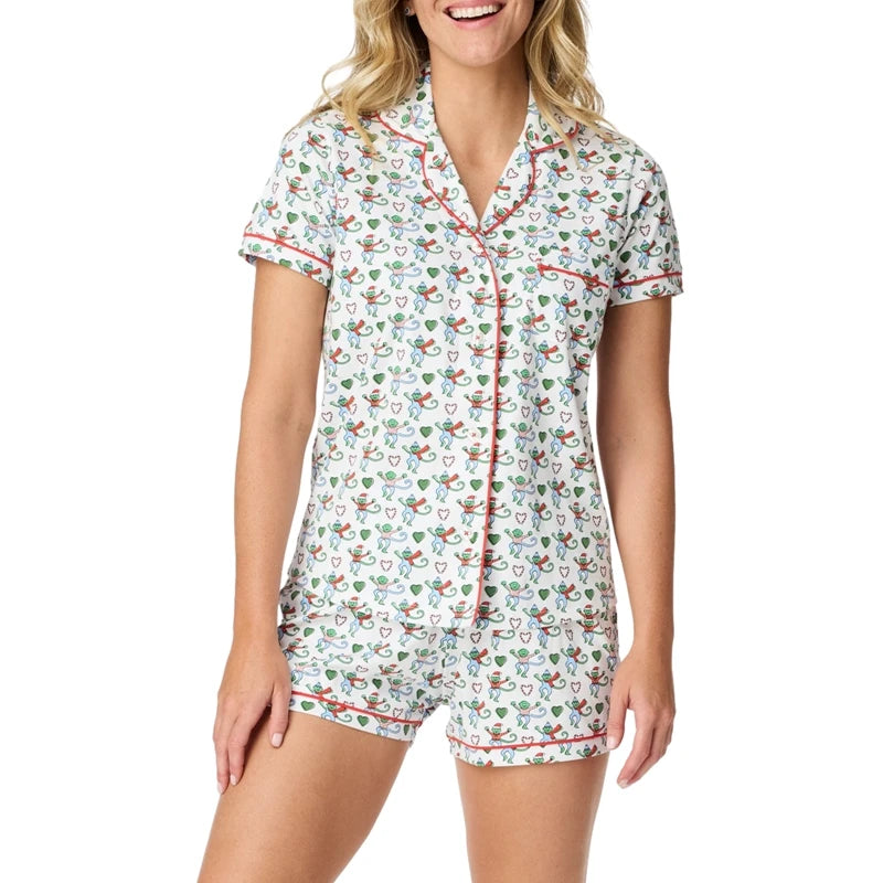 Women's Kawaii Cartoon Print Pajama Set – Y2K Short Sleeve Button-Up Shirt and Shorts Sleepwear for Summer Loungewear