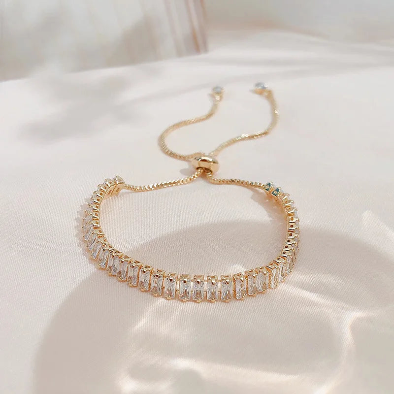 18K Gold Plated Adjustable Bracelet for Women – Rhinestone Heart Link with Square Zircon Charm