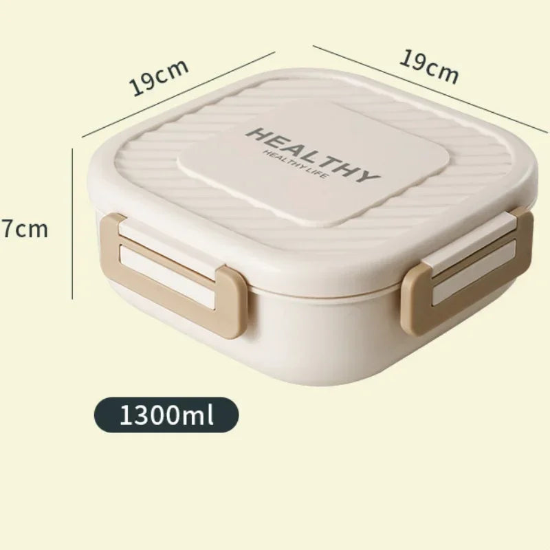 1300ml Portable Lunch Box with Tableware – Microwaveable Square Bento Box for School, Office, or Picnic