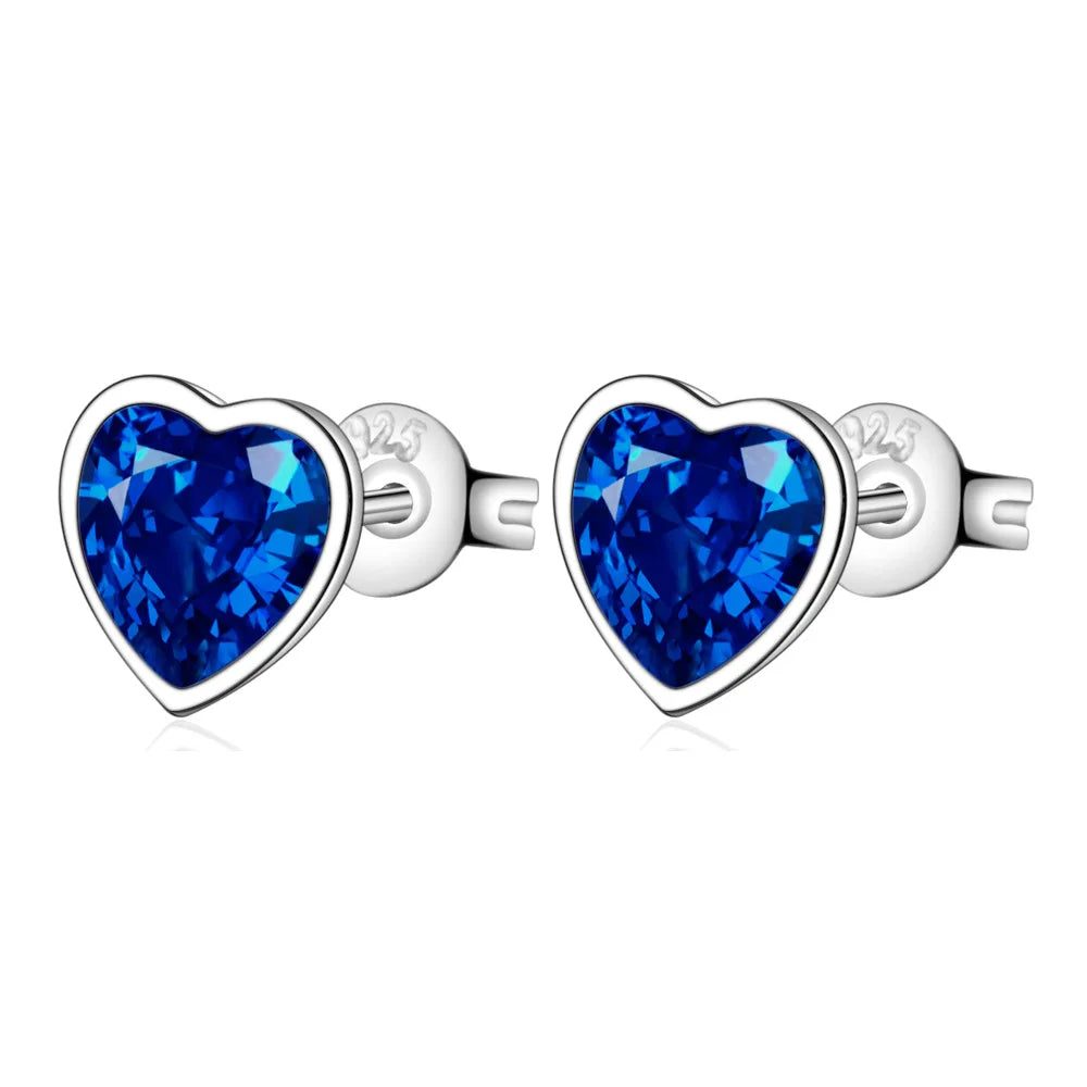 925 Sterling Silver Heart-Shaped Blue Crystal Stud Earrings – Romantic Wedding Jewelry for Women