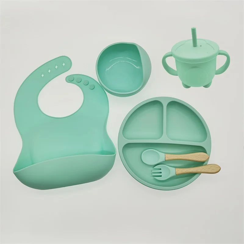 Children's Silicone Tableware Set – 6/8-Piece Baby Feeding Kit with Suction Bowl, Fork, Spoon, Bib, Straw & Cup