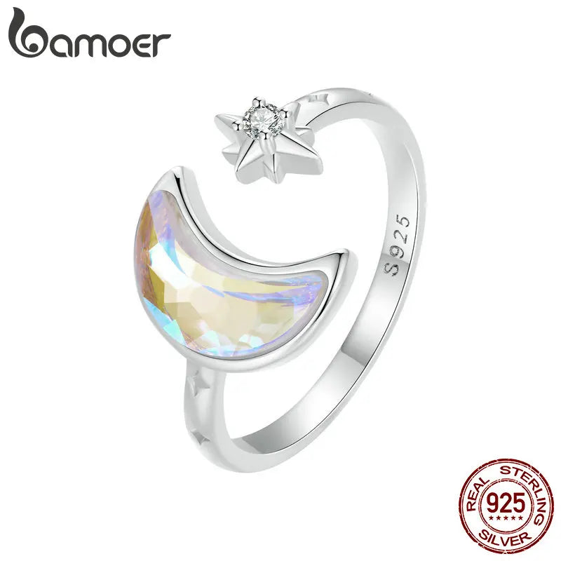 Sterling Silver Adjustable Moon and Star Ring – 925 Silver Cocktail Jewelry for Women