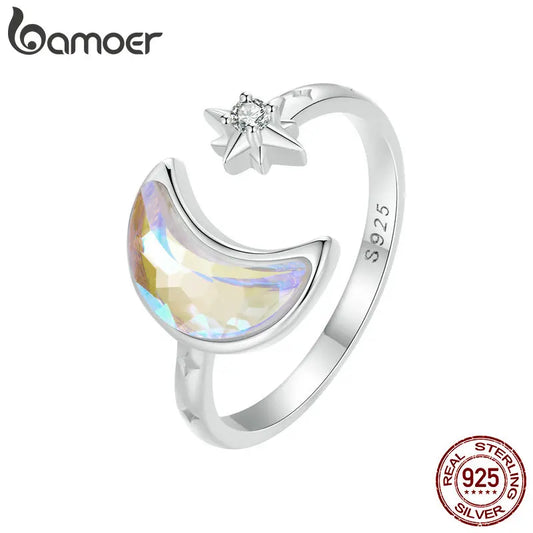 Sterling Silver Adjustable Moon and Star Ring – 925 Silver Cocktail Jewelry for Women