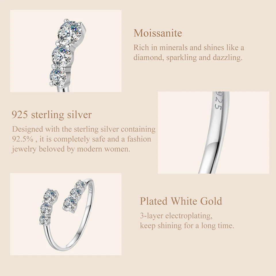 Adjustable Moissanite Open Ring – White Gold Plated 925 Sterling Silver with D Color VVS1 Stone for Women