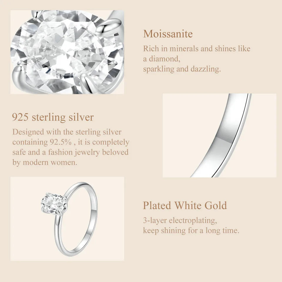 1 Carat Oval Moissanite Solitaire Ring – D Color VVS1 Stone on 925 Sterling Silver with 18K White Gold Plating for Women