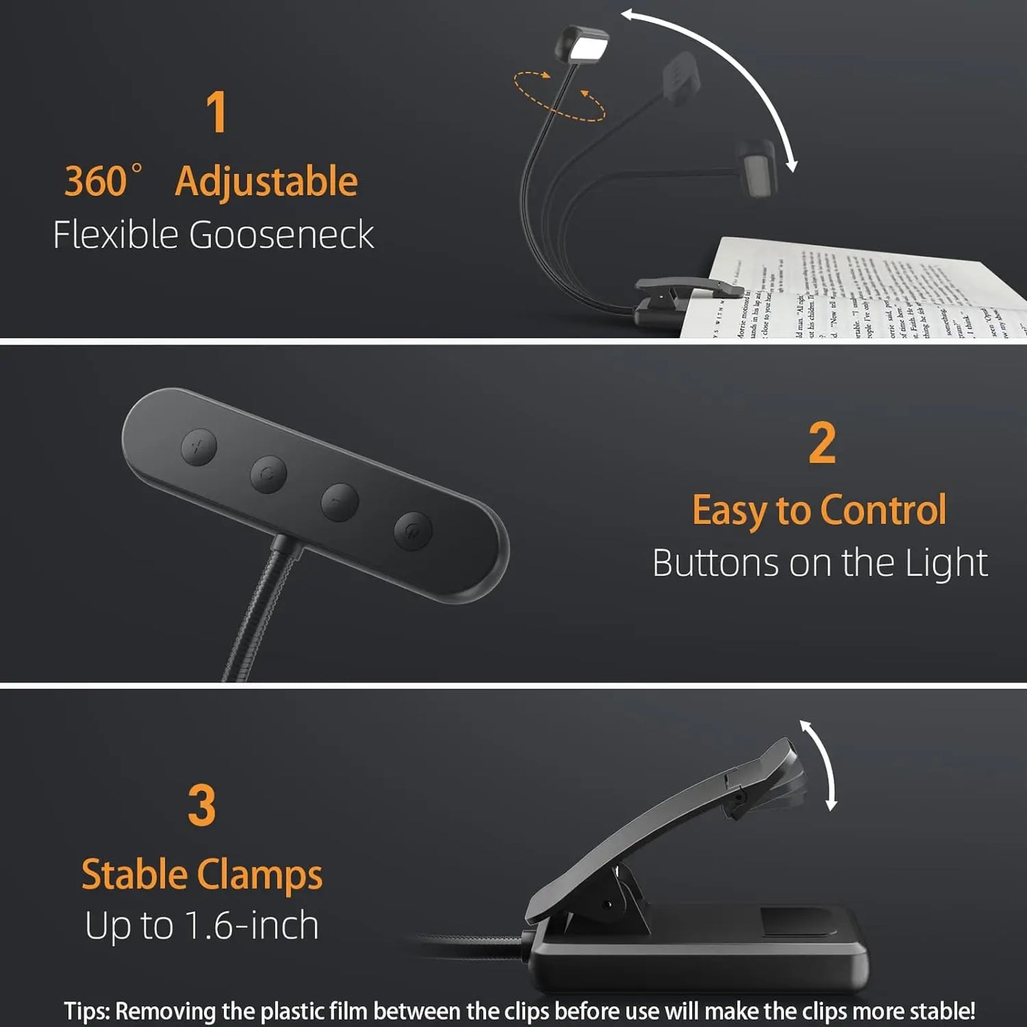 14-LED USB Rechargeable Book Light – Warm, Cool, Daylight Modes – Flexible Clip-On Reading Lamp for Bed, Travel, or Study