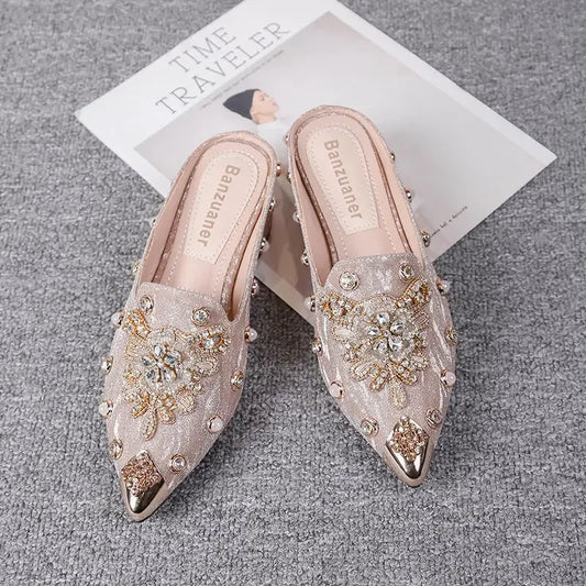 Women’s Rhinestone Mules – Elegant Summer Slip-On Sandals with Square Heels, Luxury Mirror Design for Parties and Fashion Outfits