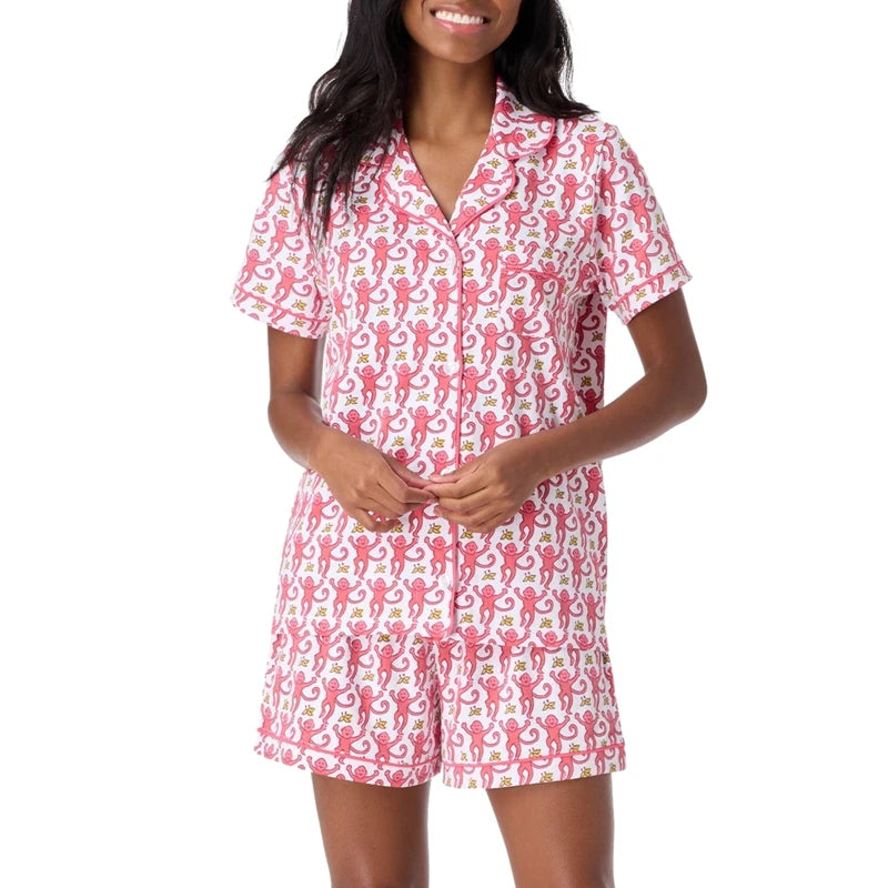 Women's Rainbow Monkey Print Pajama Set – Y2K Short Sleeve Button-Up Shirt and Shorts Lounge Sleepwear for Summer