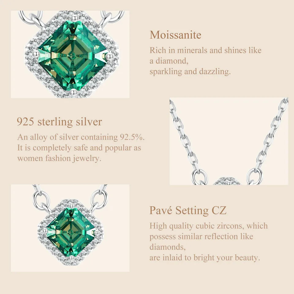 925 Sterling Silver Green Moissanite Pendant Necklace for Women – VVS1 Lab Diamond, 18K White Gold Plated, Classic Fine Jewelry Gift