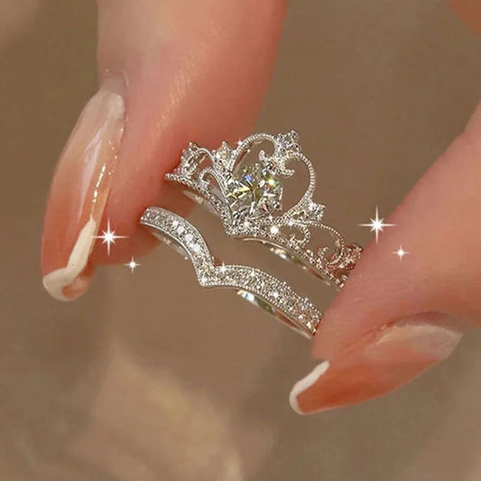 2PCS Sparkling Crown Crystal Rings – Adjustable Star Design Cocktail Ring Set for Women and Teens