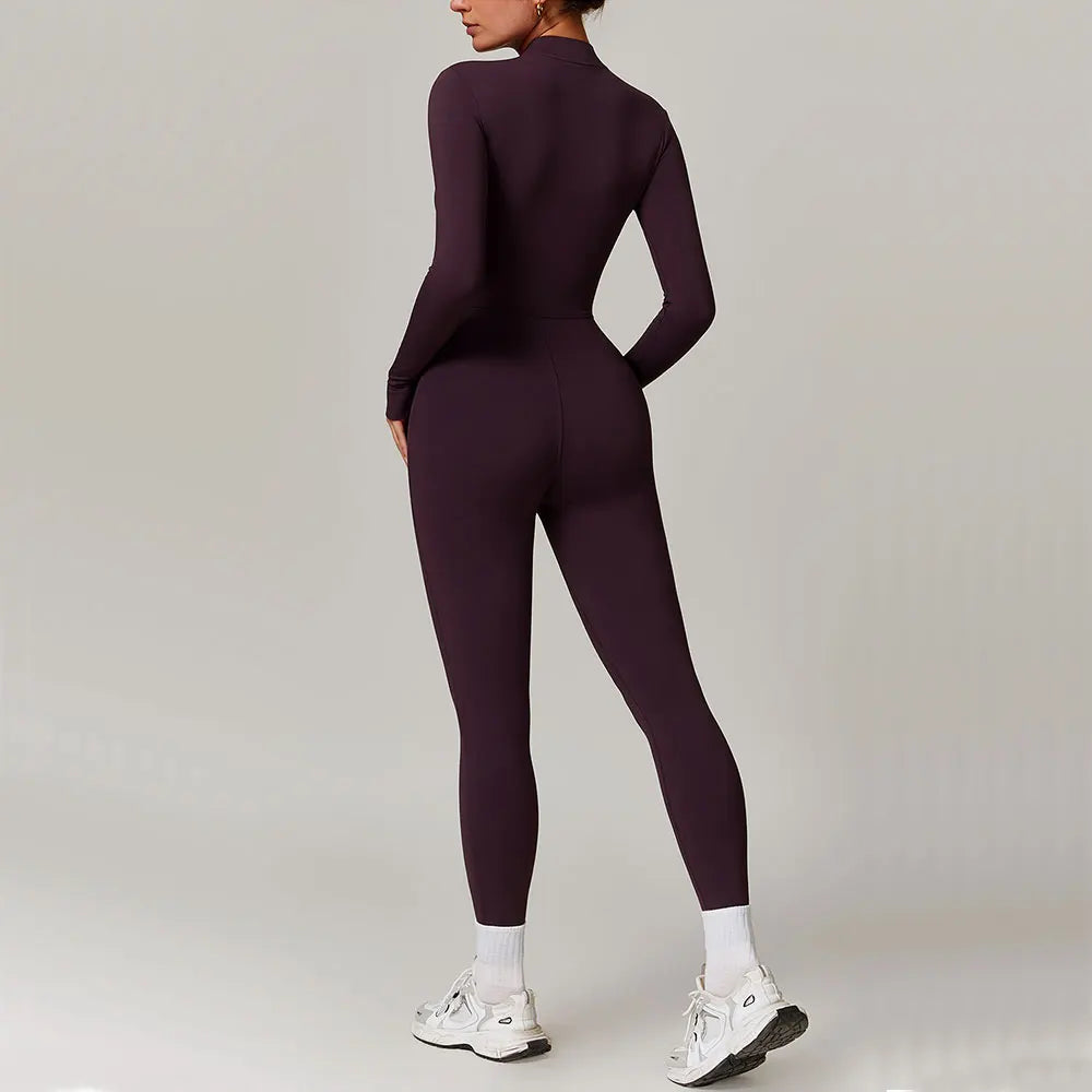 Women's Velvet Long Sleeve Yoga Jumpsuit – Thermal One-Piece Fitness Activewear for Pilates, Gym & Training