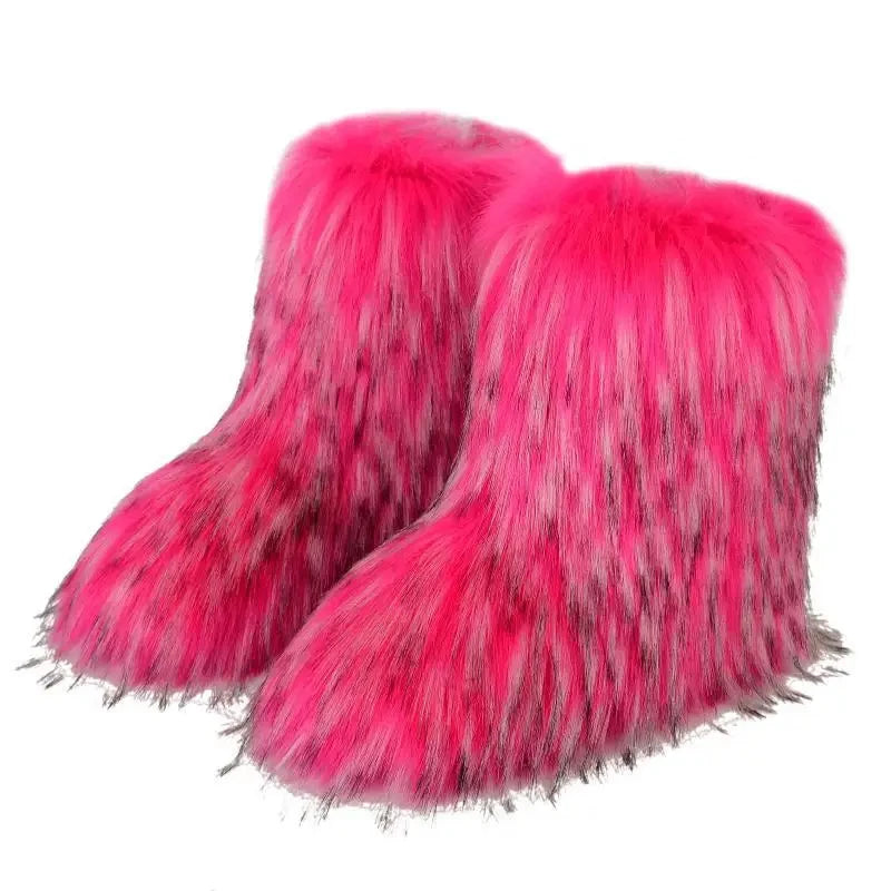 Women's Faux Fur Winter Snow Boots – Mid-Calf Plush Furry Slip-On Boots with Warm Lining and Rubber Sole
