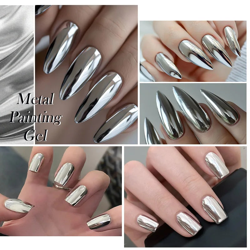 7ml Metallic Chrome Silver Mirror Effect Gel – Super Bright Line Art & French Tip Nail Painting Gel Polish