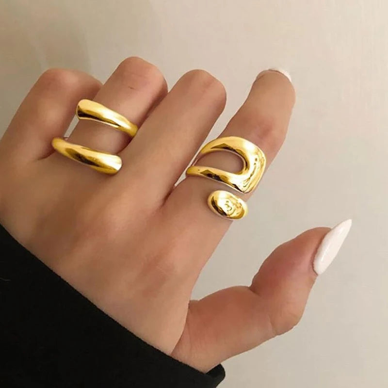 2-Piece Geometric Hollow Wide Rings – Gold-Tone Waterproof Layered Statement Jewelry for Women