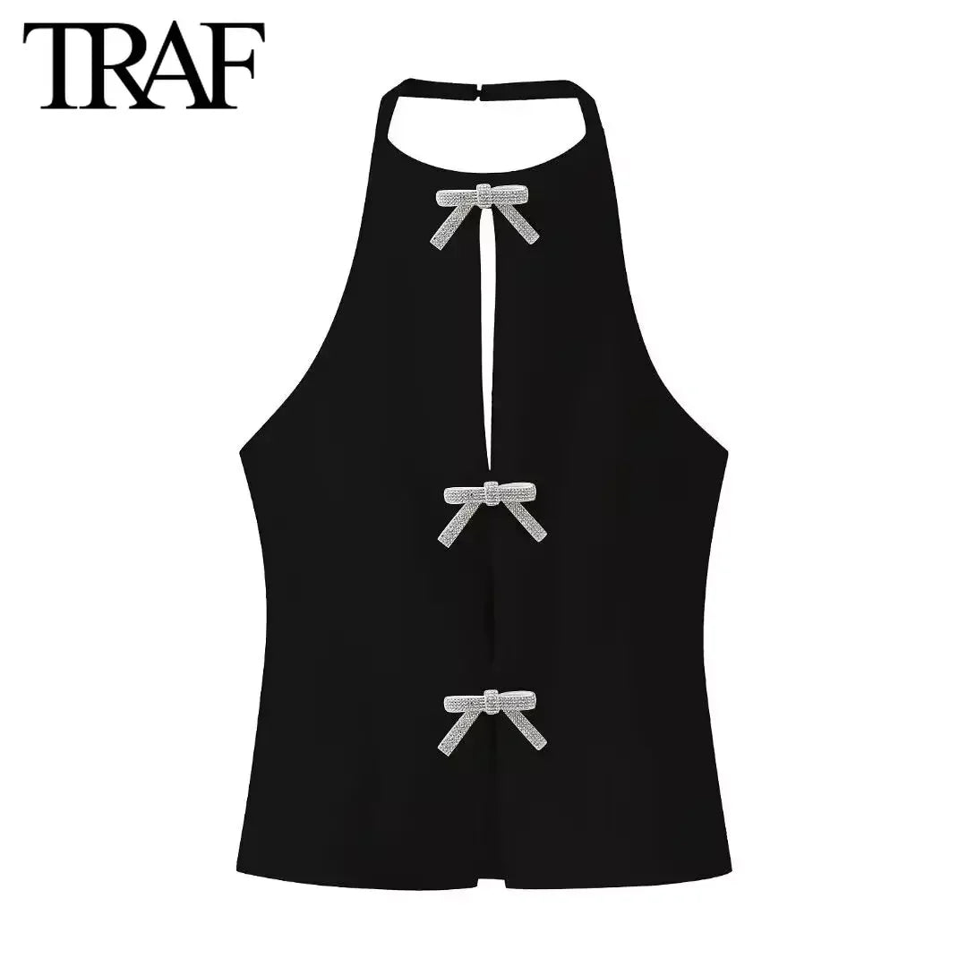 Women's Sleeveless Halter Blouse with Jewelry Bow – Chic Summer Crop Top for Streetwear & Office Looks