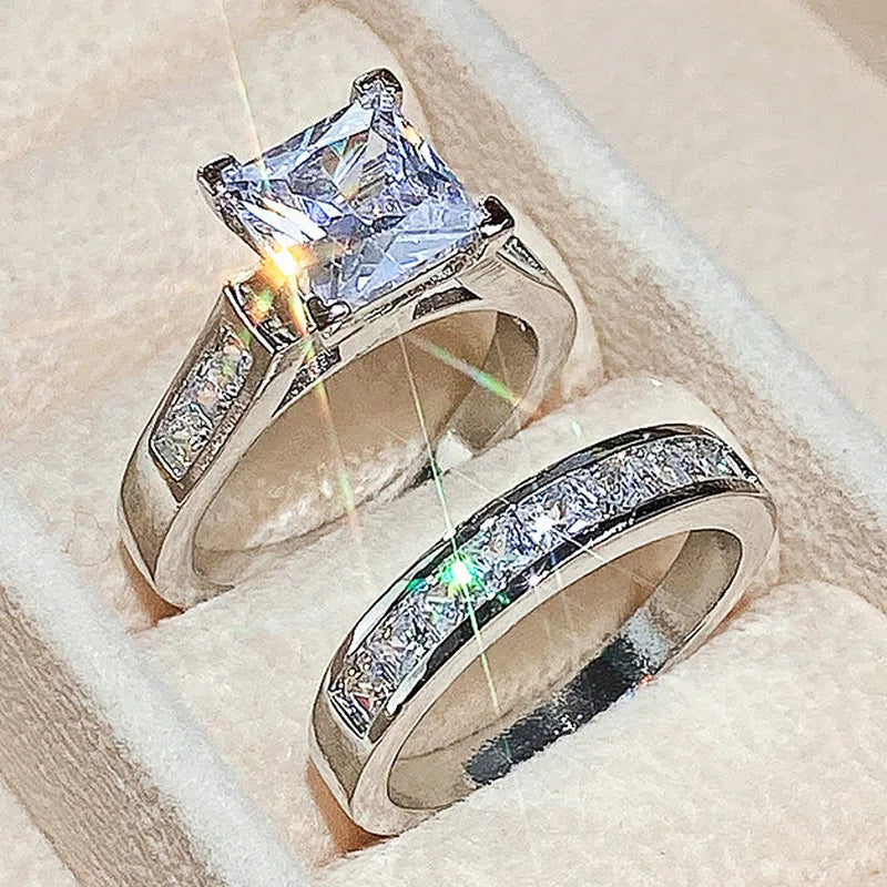 18K White Gold 2-Piece Cushion Cut Diamond Ring Set for Women – 2 Carat Four-Prong Engagement and Wedding Bands with Side Stones