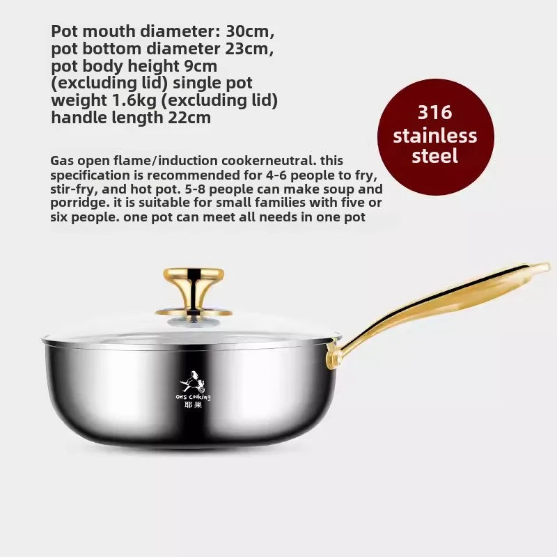 316 Stainless Steel Small Wok with Lid – Golden Handle Deepened Flat Bottom Soup Pot & Non-Stick Pan