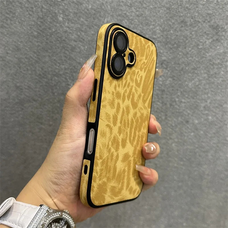 Cartoon Leopard Print Leather Case for iPhone 11/12/13/14/15/16 Series – Matte Cover with Wrist Strap, Lanyard, and Camera Lens Protection