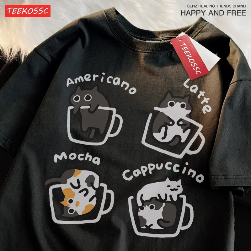 Cat Coffee Cotton T-Shirt – Fun Mocha Latte Print, Loose Fit Summer Tee for Men and Women
