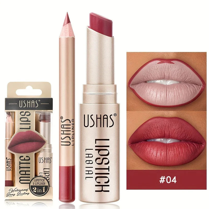 USHAS 12-Color Matte Lipstick & Lip Liner Set – Long-Lasting, Waterproof, Non-Stick Cup Makeup Kit
