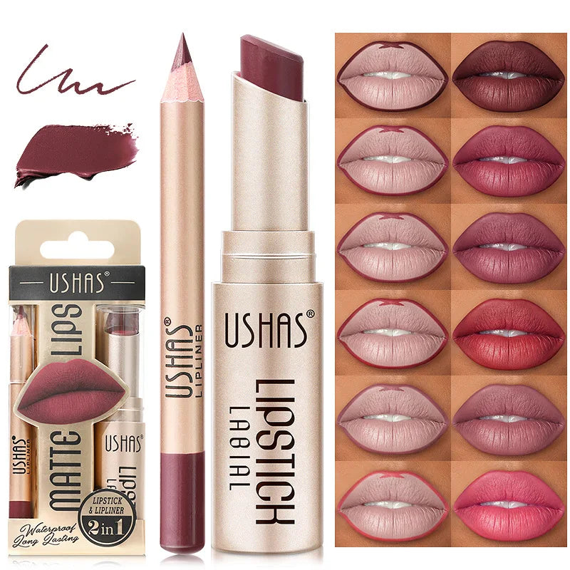 USHAS 12-Color Matte Lipstick & Lip Liner Set – Long-Lasting, Waterproof, Non-Stick Cup Makeup Kit