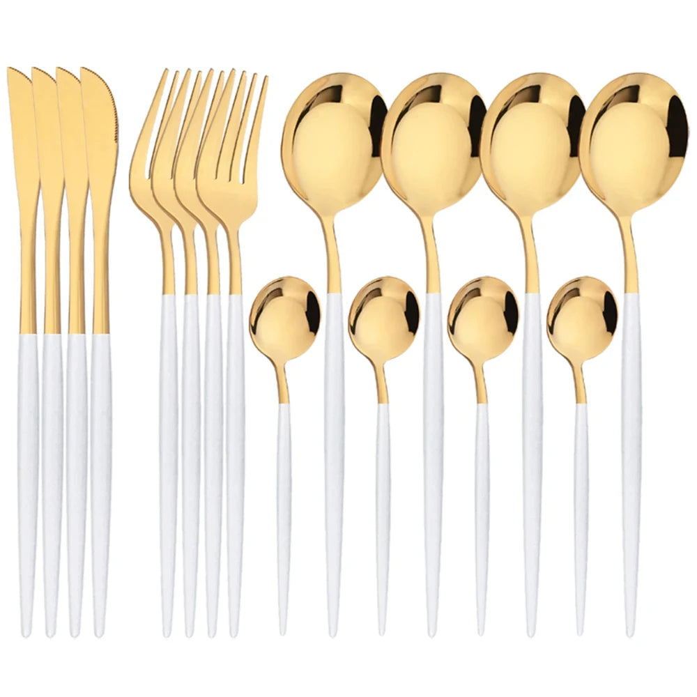 16Pcs Green and Gold Stainless Steel Dinnerware Set – Elegant Flatware Cutlery with Knife, Fork, Spoon, and Teaspoon