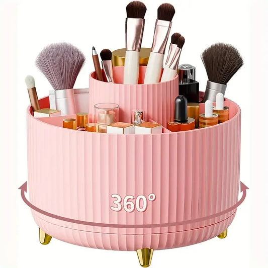 360° Rotating Makeup Organizer Box – Multi-Compartment Brush & Lipstick Holder with Vertical Stripe Design