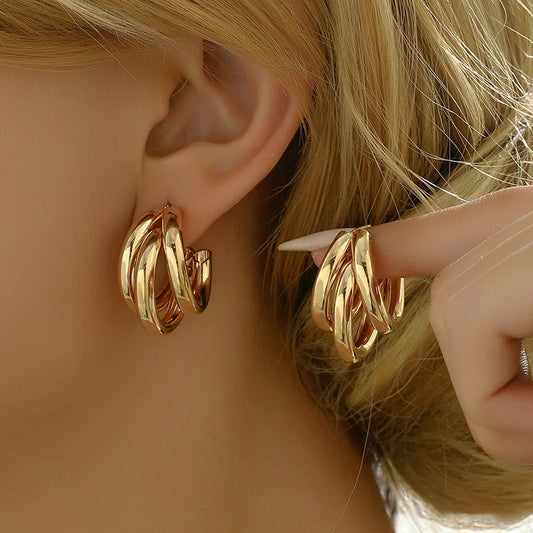 Triple-Layer Stainless Steel Hoop Earrings – Vintage C-Shape Geometric Drop Earrings for Women