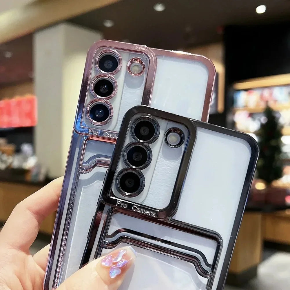 Transparent Card Holder Plating Case for Samsung Galaxy S24/S25/S23/S22/S21/S20 FE/Note 20 & A Series – Wallet TPU Cover with Lens Protection