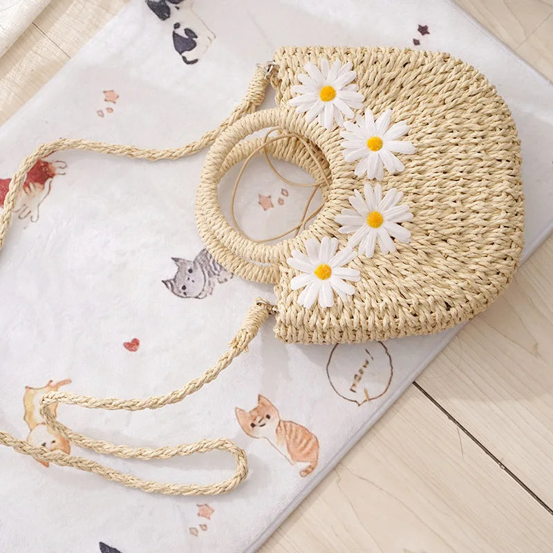 Bohemian Straw Moon Bag – Women's Handmade Woven Beach Shoulder & Crossbody Basket Handbag