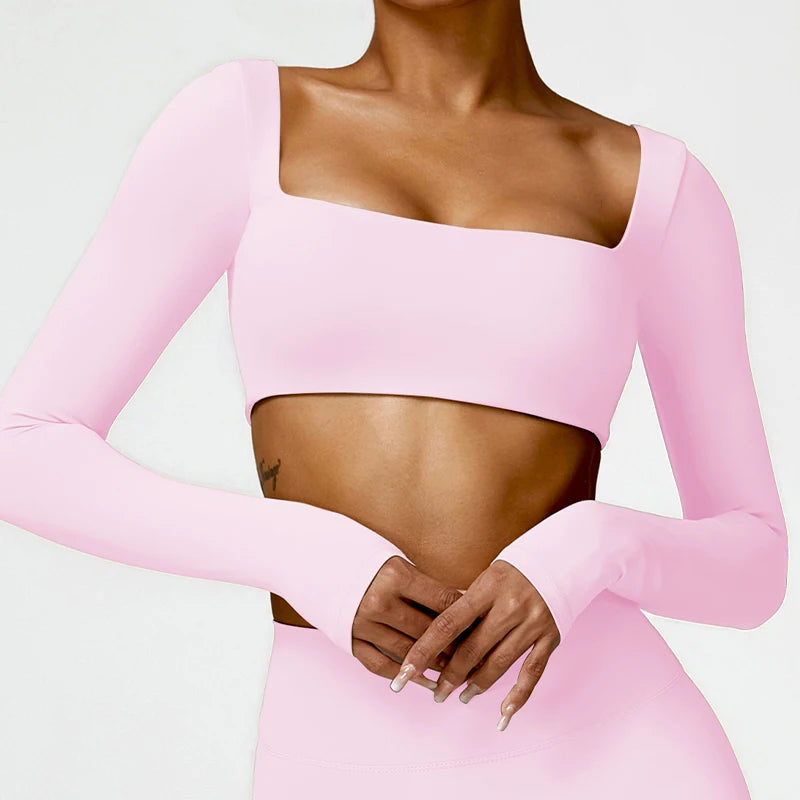 Square Neck Long Sleeve Sports Crop Top – Quick-Dry Yoga & Training Shirt for Women
