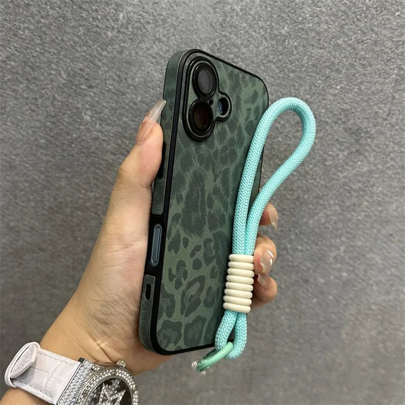 Cartoon Leopard Print Leather Case for iPhone 11/12/13/14/15/16 Series – Matte Cover with Wrist Strap, Lanyard, and Camera Lens Protection