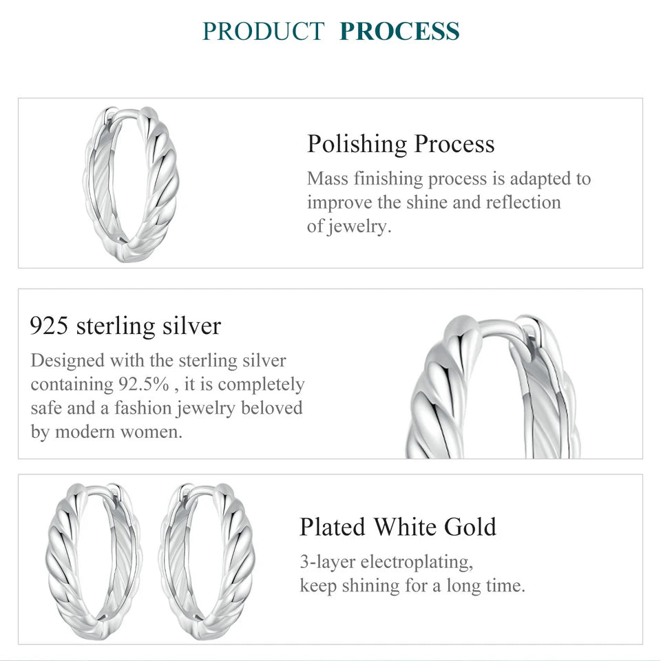 Sterling Silver Twisted Rope Huggie Hoop Earrings – White Gold Plated Lightweight Hypoallergenic Design