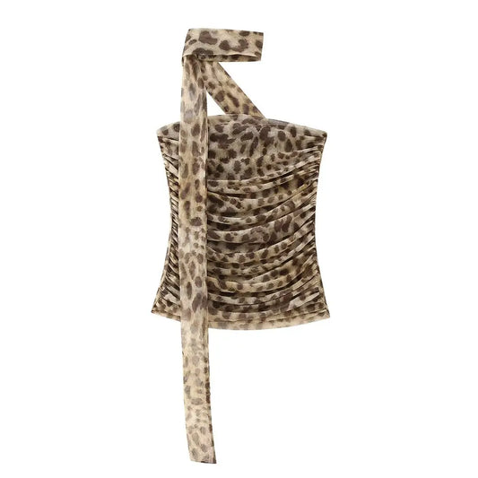 Women's Strapless Leopard Print Pleated Mesh Halter Top – Backless Slim Fit Cropped Summer Blouse