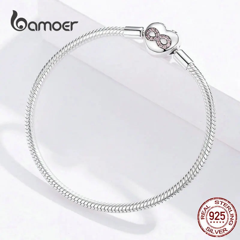 Sterling Silver Infinity Heart Snake Chain Bracelet – 925 Silver 3mm Bangle for Women DIY Jewelry
