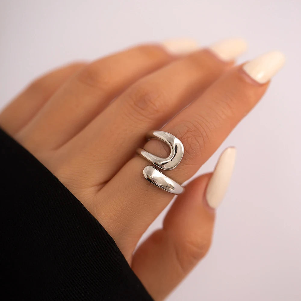 2-Piece Geometric Hollow Wide Rings – Gold-Tone Waterproof Layered Statement Jewelry for Women