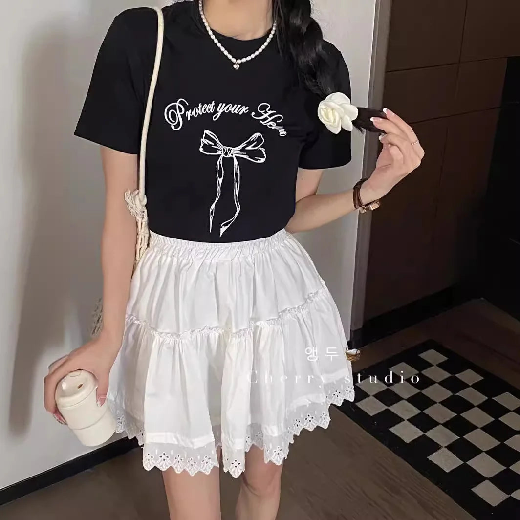Summer Cotton Printed O-Neck T-Shirt for Women – Korean Y2K Style Casual Short Sleeve Loose Fit Tee